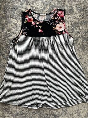 First Looks Black Floral Yoke Striped Tank Top